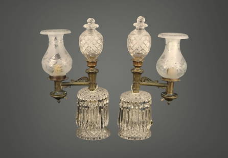 Crystal & Bronze Argand Lamps- Pair Large: Crystal & Bronze Argand Lamps- Pair Large H19 1/4" x 10 1/2"