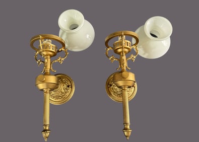 Victorian Wall Sconces White Opal Glass Shade - Pair