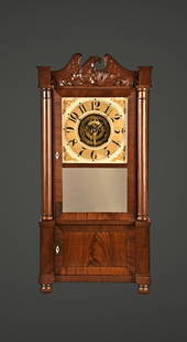 Silas B. Terry double decker shelf clock: Silas B. Terry, Plymouth, Conn., double decker with eagle splat shelf clock, mahogany veneered case, painted wood dial, Terry type hands, eight day, time and strike weight driven brass movement