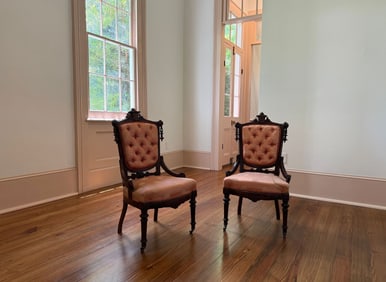 John Jelliff walnut parlor tufted silk chairs, pair c.1817