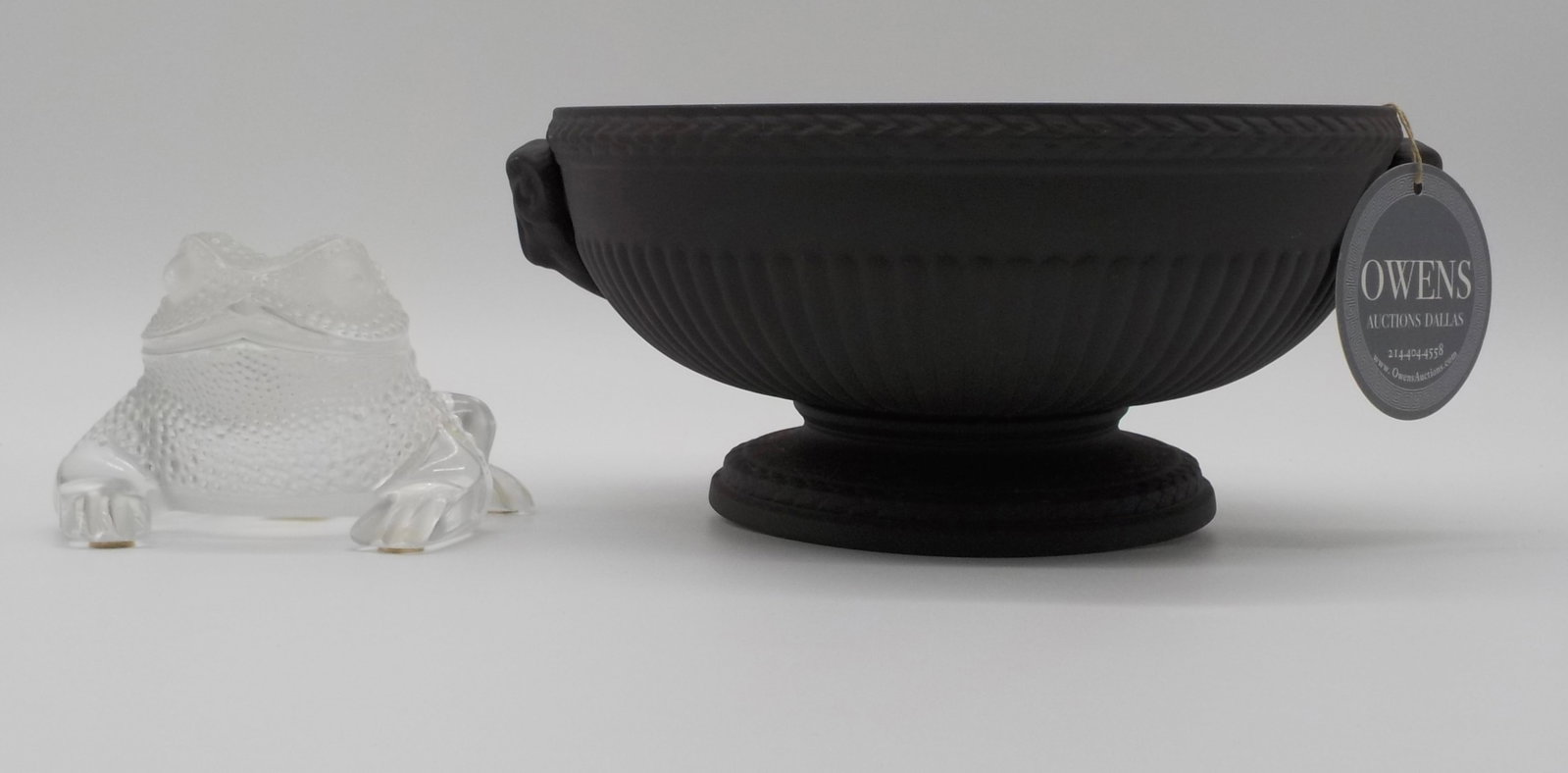 Wedgwood & Lalique: Wedgwood basalt dancing hours bowl & Lalique Crystal Gregorie Toad -This Lot qualifies for in house shipping-