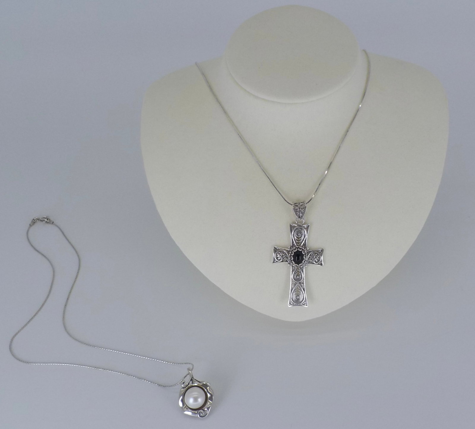 Sterling Silver Cross & Pearl Neckless Pair: Sterling Silver Cross & Pearl Neckless Pair