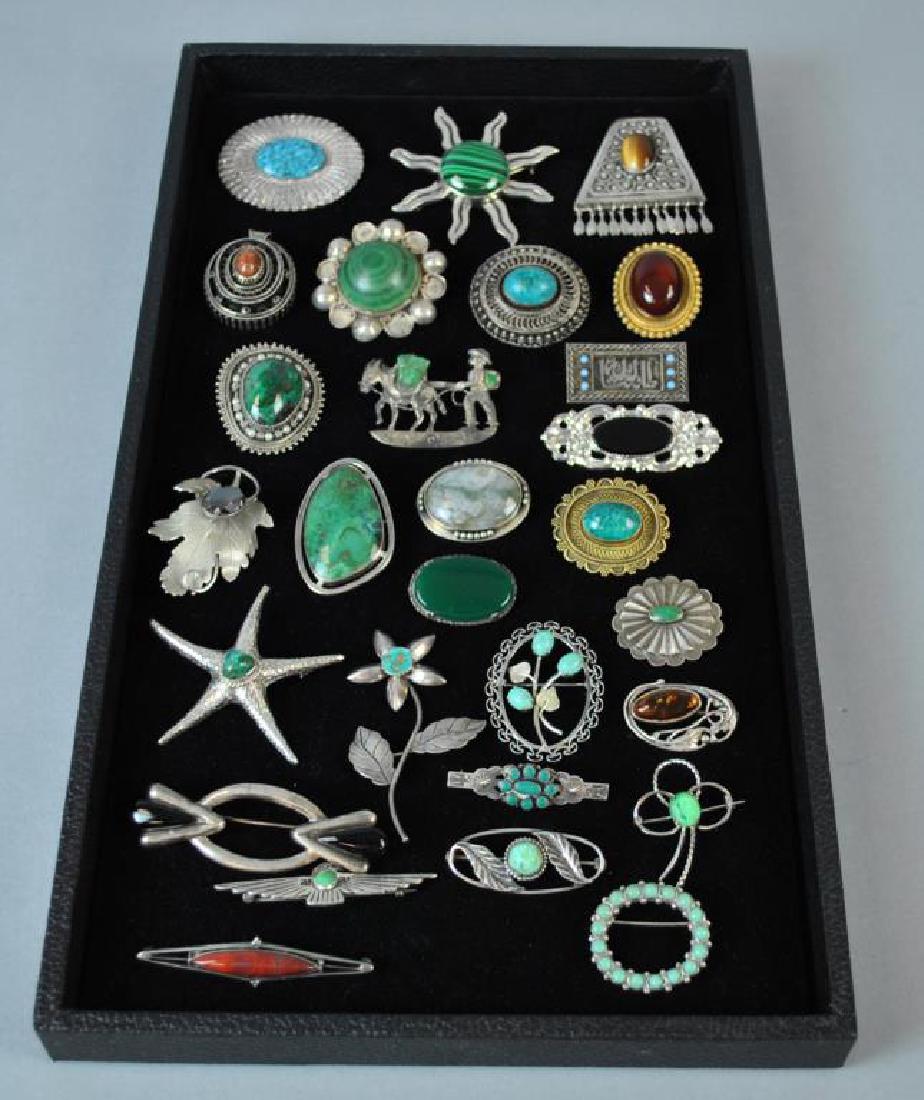 (28) VINTAGE STERLING PINS: Including turquoise, malachite, tiger eye, goldstone, marcasite, etc., all marked or tested, largest 2in.