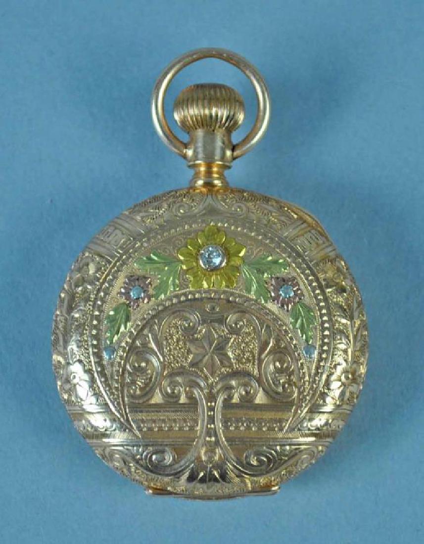 LADIES ELGIN TRI-COLOR GOLD & DIAMOND POCKET WATCH (1 of 4)