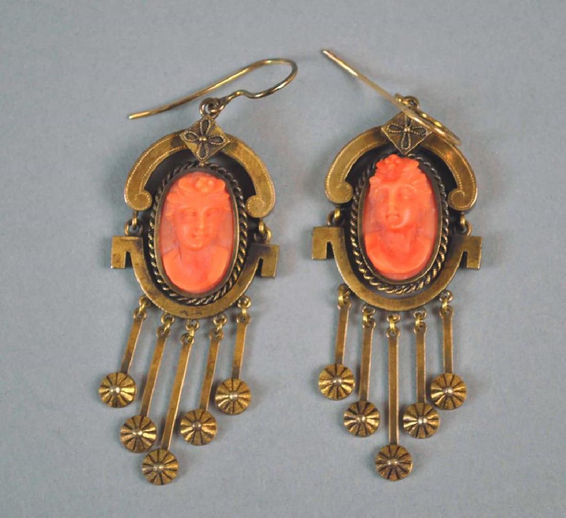 PAIR VICTORIAN GOLD CORAL DANGLE EARRINGS (1 of 2)