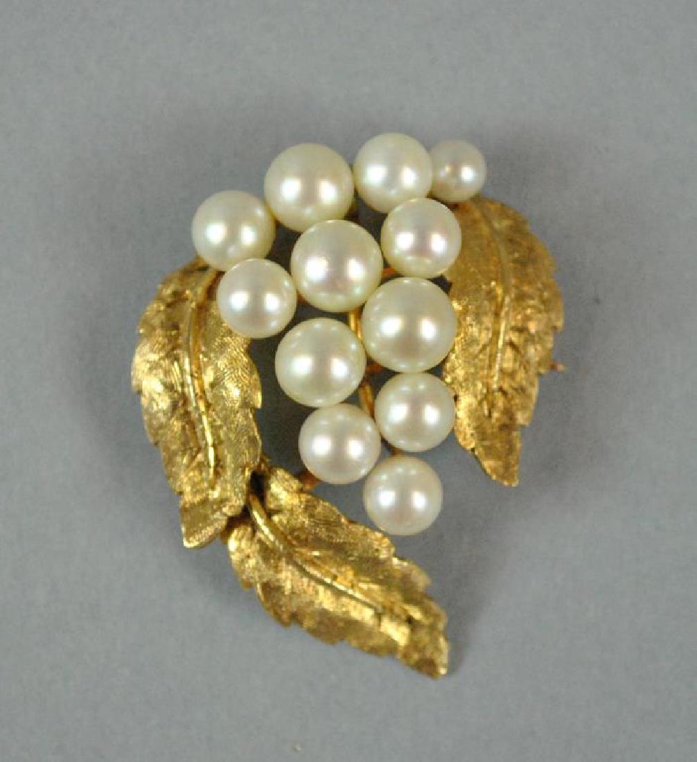 GOLD & PEARL LEAF FORM CLUSTER BROOCH (1 of 2)