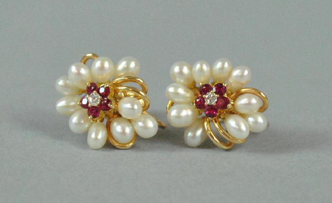 PEARL, RUBY & DIAMOND SCREW BACK EARRINGS (1 of 3)