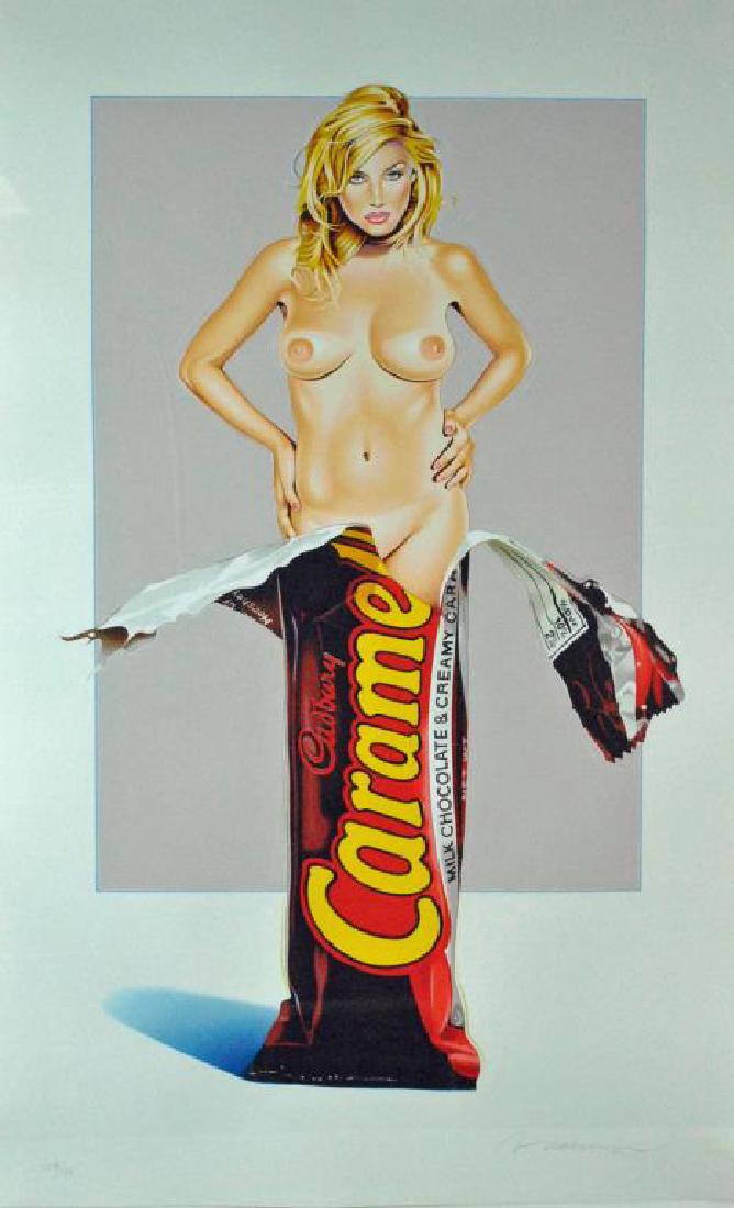 MEL RAMOS COLOR LITHOGRAPH - CARAMIA CARAMELLO: pencil signed (lower right), numbered 198/199 (lower left), mild waviness, 44.5x27.5in., overall framed 49x31in., Opening Bid: $800/