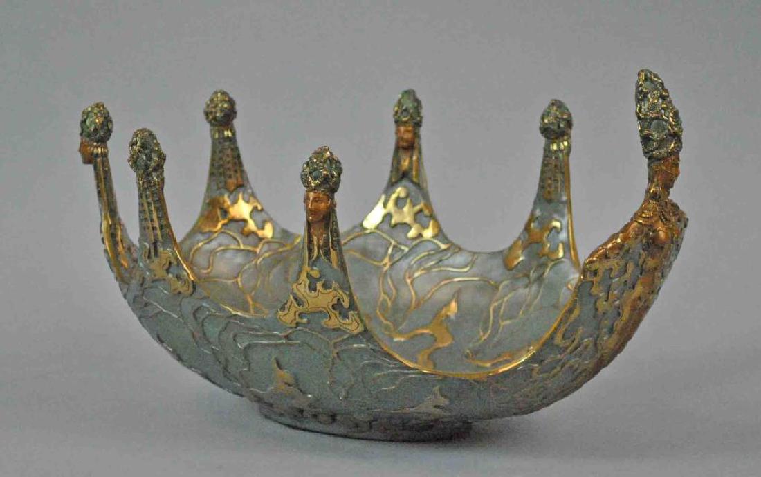 ERTE BRONZE BOWL - OCEAN II: Erte Romain De Tirtoff (French/Russian, 1892-1990), "Ocean II", 1987, gilt and patinated bronze bowl, designed as a sailing vessel with front figurehead of nude woman, signed 'Erte' to the interior, b