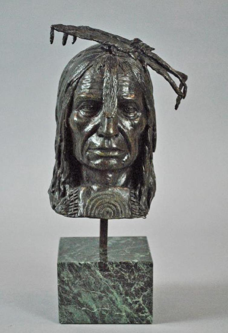 GERSON FRANK (American, 20th/21st Century): ‘Man Who gives the War Whoop', patinated bronze, bust interior signed ‘Gerson Frank 1980 14/30’, peg mounted on marble base, acquired Smith Gallery, Madison Ave., New York, overall height 13.75i