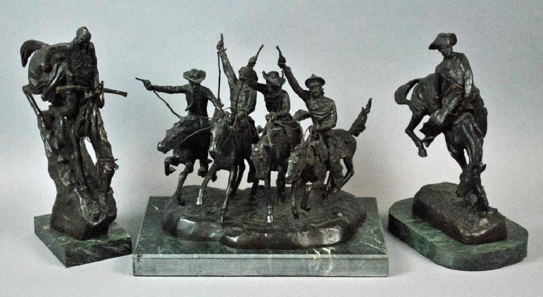 (3) BRONZE SCULPTURES AFTER FREDERIC REMINGTON: including ‘Coming through the Rye, 14x15x10in., ‘Outlaw’, 14x10x7in., and ‘Mountain Man’, 14x5x7in., all with incised signature, mounted on marble bases