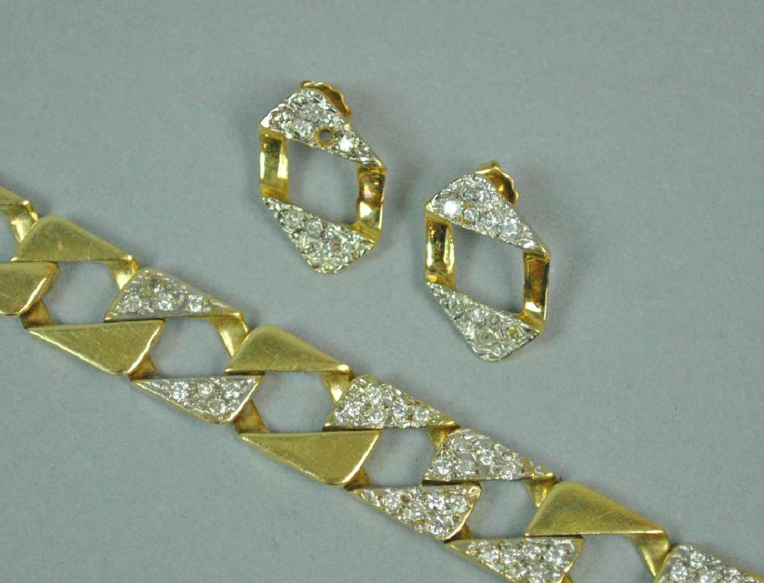 14K MODERN STYLE BRACELET & EARRING SET: the bracelet set with 36 diamond melee (one diamond nicked), safety catch, height 12mm, length 6.5in., the earrings are comprised of 2 links removed from bracelet, set with 19 diamond melee (one diamo
