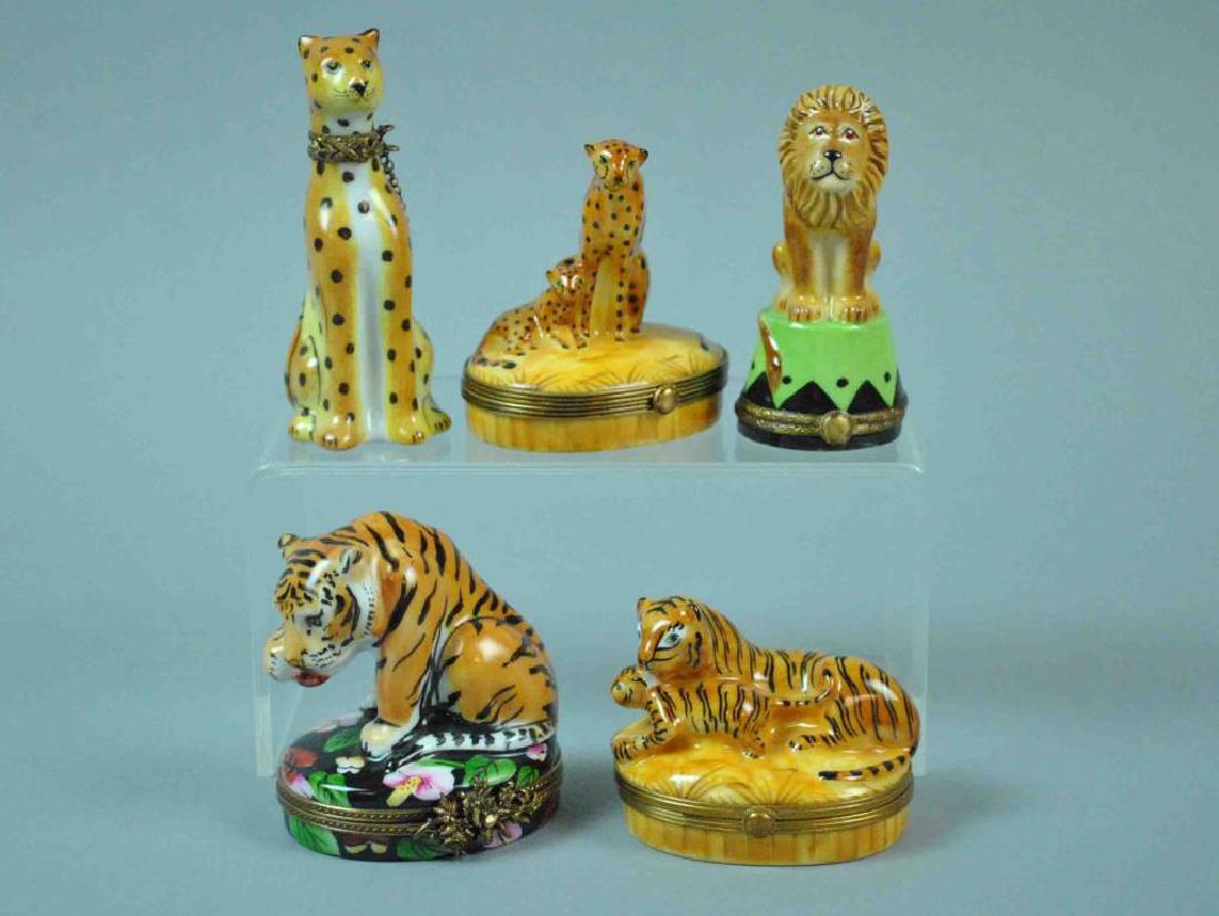 (5) LIMOGES BOXES - CAT THEMED: including a cheetah with chain, a circus lion, a tiger with baby, a cheetah with baby, and a tiger on floral box, various Limoges marks, overall good condition, tallest 3.75in.