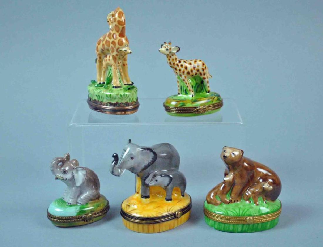 (5) LIMOGES BOXES - BABY ANIMAL THEMED: including a bear with babies, an elephant with baby, a baby giraffe, a baby elephant, and a giraffe with baby, enameled bottom (paint flake to one leaf tip), various Limoges marks, overall good condit