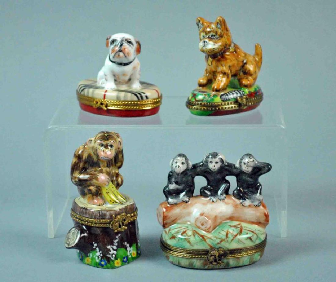 (4) LIMOGES BOXES - MONKEYS & DOGS: including a monkey with bananas, a 'see no evil' monkey trio, a bull dog, and a dog with painted shoe, various Limoges marks, overall good condition, tallest 3in.