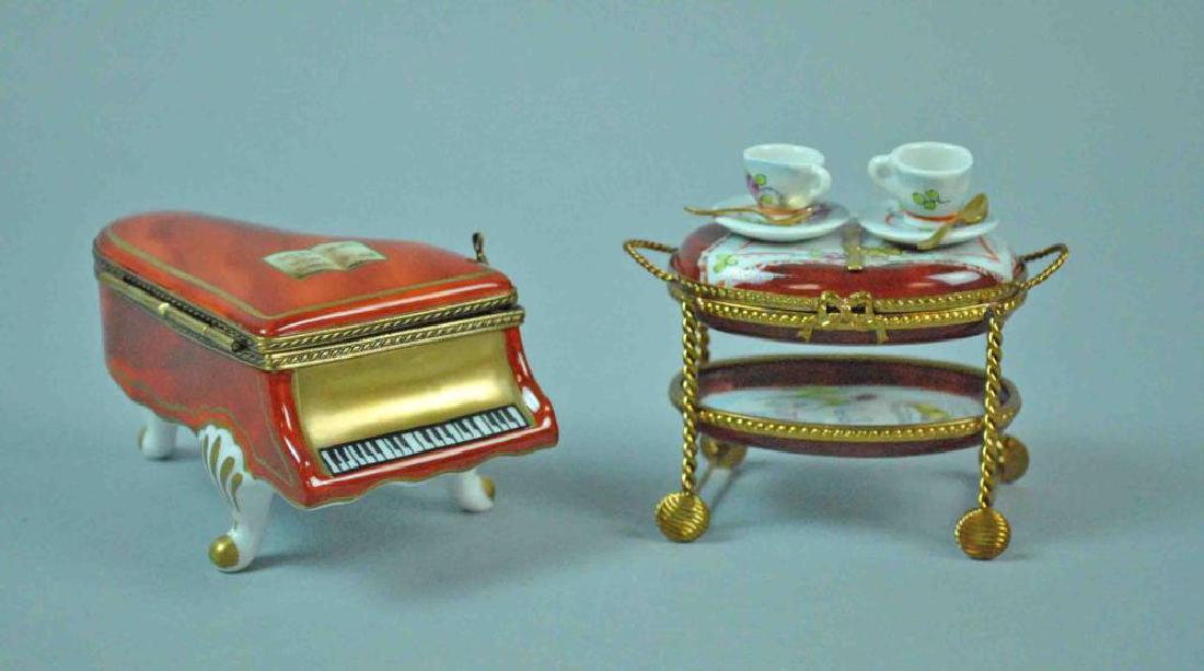 (2) LIMOGES BOXES - GRAND PIANO & TEA CART: each with Limoges Rochard mark, overall good condition, tallest 2.75in.