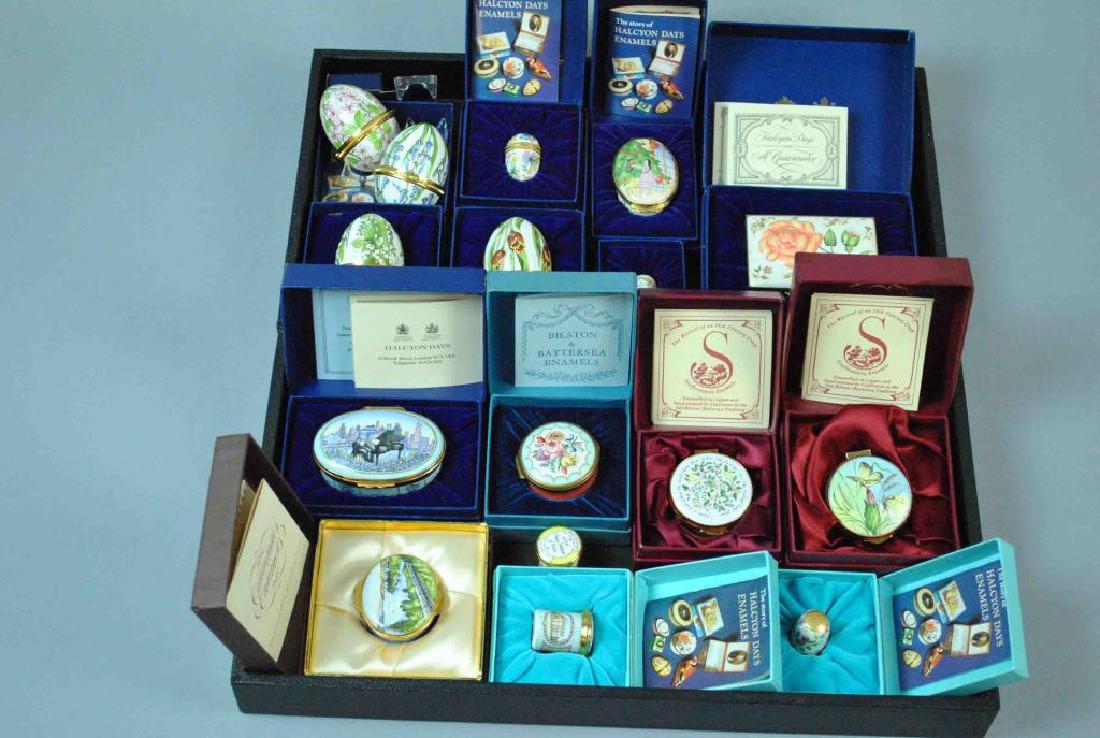 (16) PIECE BRITISH ENAMELS GROUP, MOST HALCYON: Halcyon Days includes 2 music boxes (piano motif box non working), a 1985 Nutcracker Christmas box for Neiman Marcus, 4 eggs (with stands, 2 without boxes), a miniature egg, 2 miniature boxes (one wit
