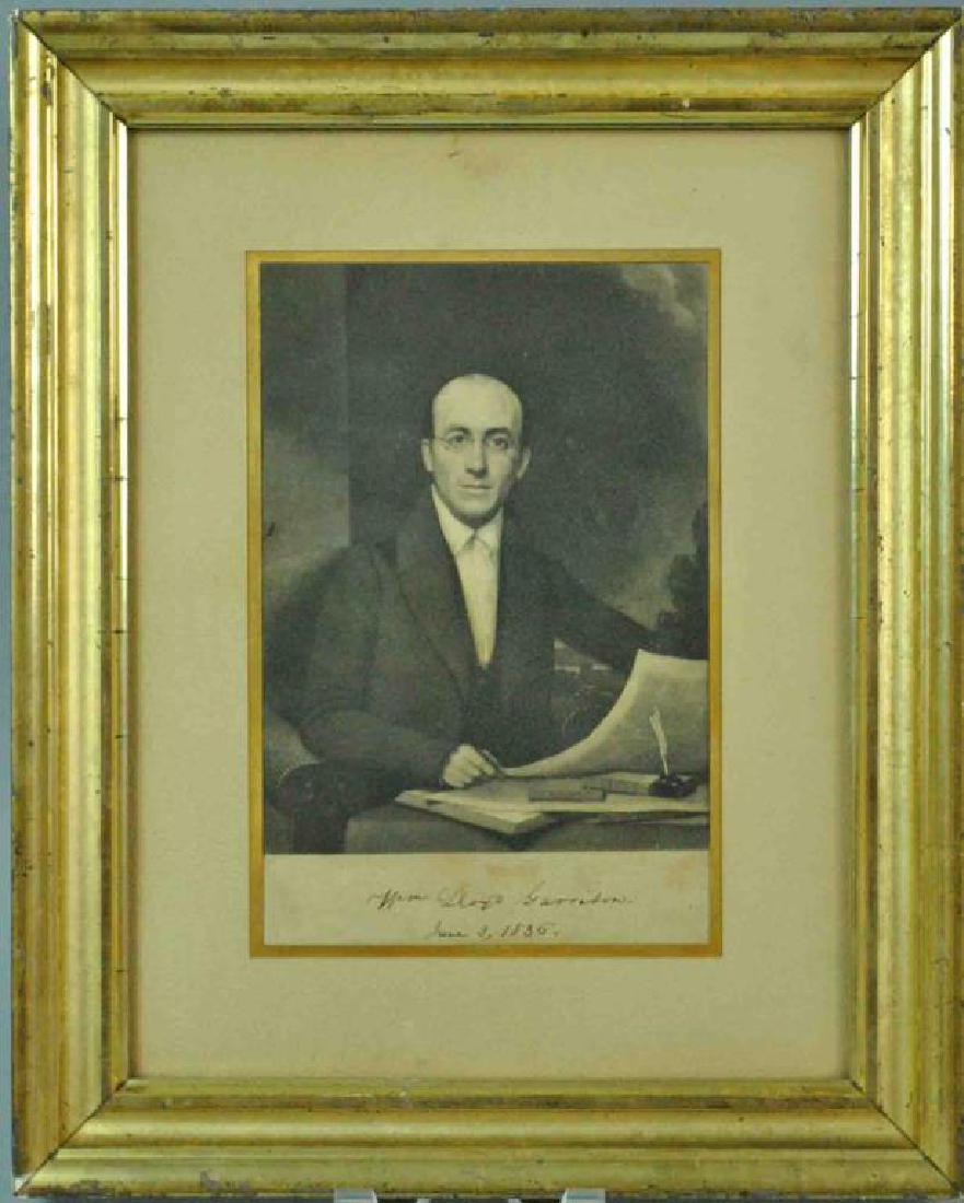 WILLIAM LLOYD GARRISON - AUTOGRAPHED MEZZOTINT: the mezzotint likely by John Sartain, Garrison's signature in black ink below the image, dated June 3, 1836, moderate toning, a very partial and fragile label verso references Samuel Philbrick (likely