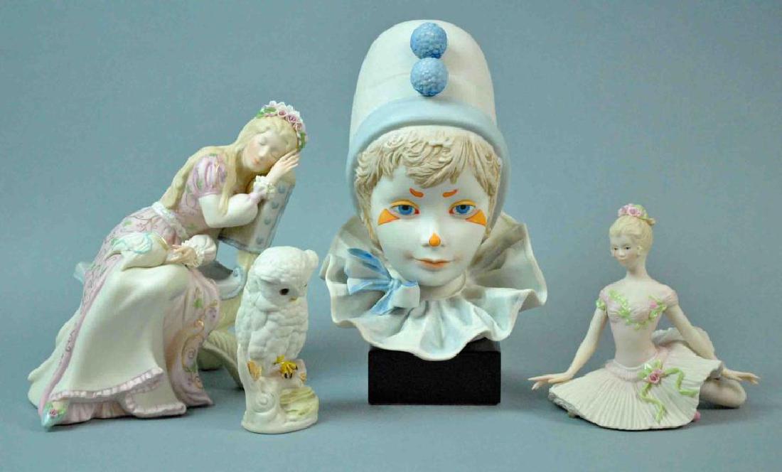 (4) PIECE CYBIS GROUP: including 'Funny Face' clown bust on base, 'Sleeping Beauty' (one leaf chip to headband), 'Karina', and 'Baby Owl', 4-9.5in.