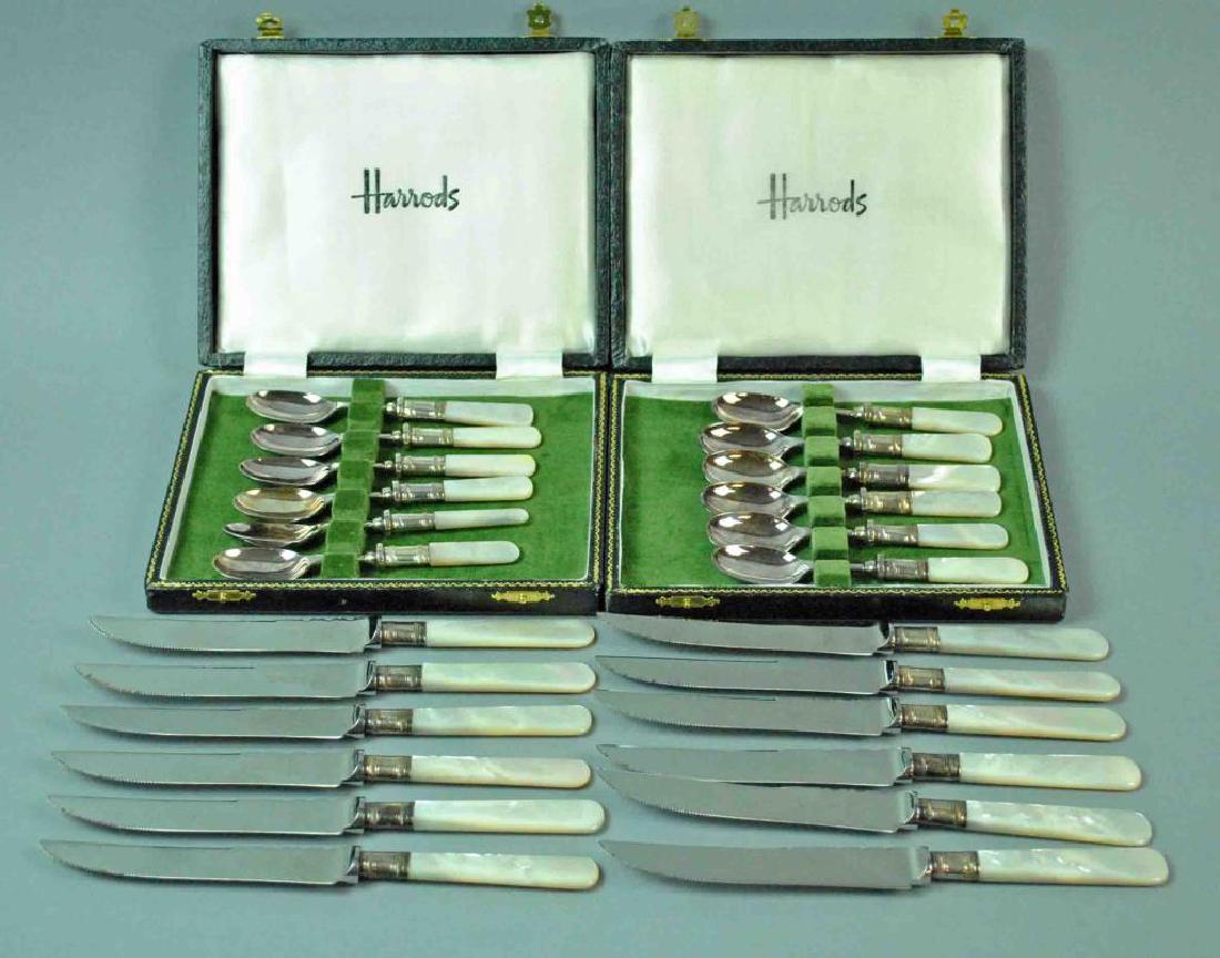 (24) PIECE BRITISH MOTHER OF PEARL FLATWARE GROUP: including 12 steak knives, each stamped Samuel Peace, Sheffield, and 12 dessert spoons, each stamped EPNS A1, spoons in original Harrods presentation cases, both knives and spoons share matching colla