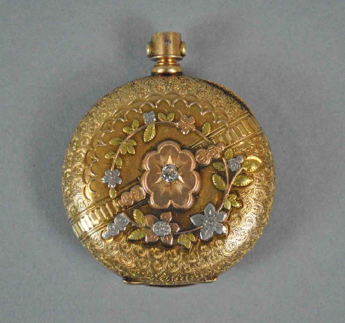 LADIES ELGIN TRI-COLOR GOLD & DIAMOND POCKET WATCH (1 of 5)