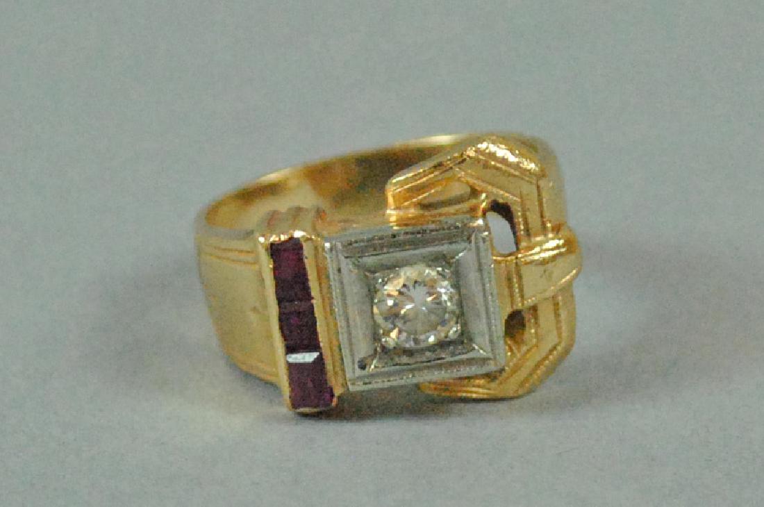 14K RETRO STYLE DIAMOND & RUBY BUCKLE FORM RING (1 of 4)