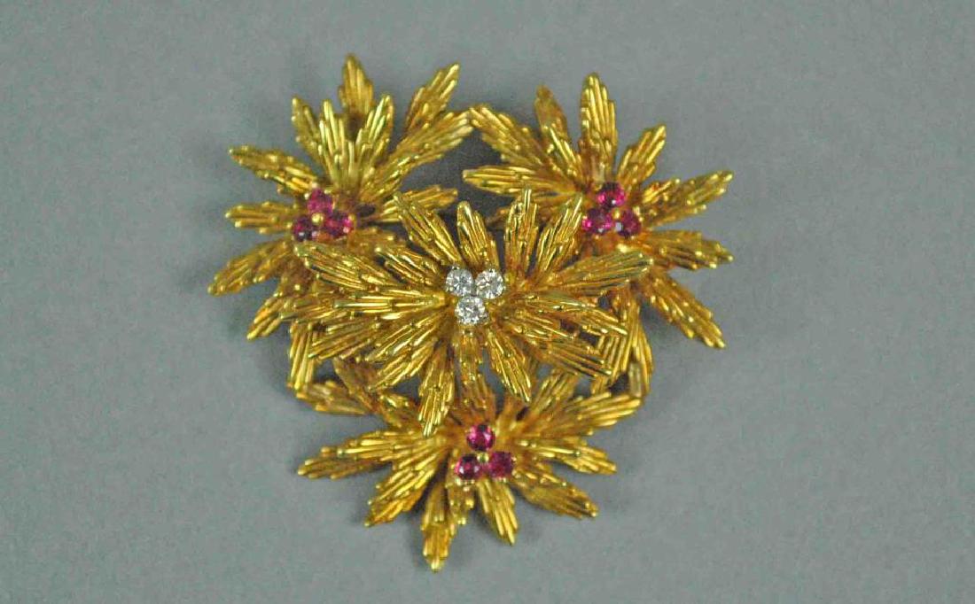 TIFFANY & CO. 18K RUBY & DIAMOND FLOWER BROOCH (1 of 2)