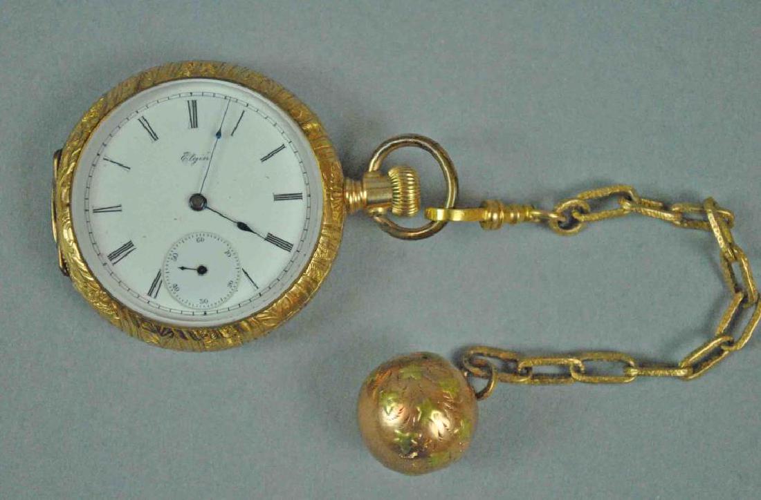 LADIES 14K ELGIN OPEN FACE POCKET WATCH & FOB (1 of 4)