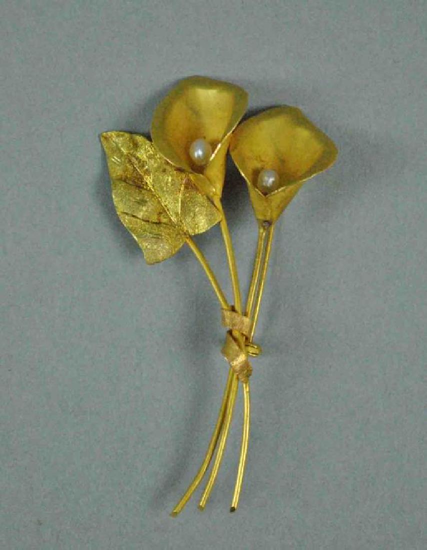 18K GOLD & BAROQUE PEARL CALLA LILY PIN (1 of 3)