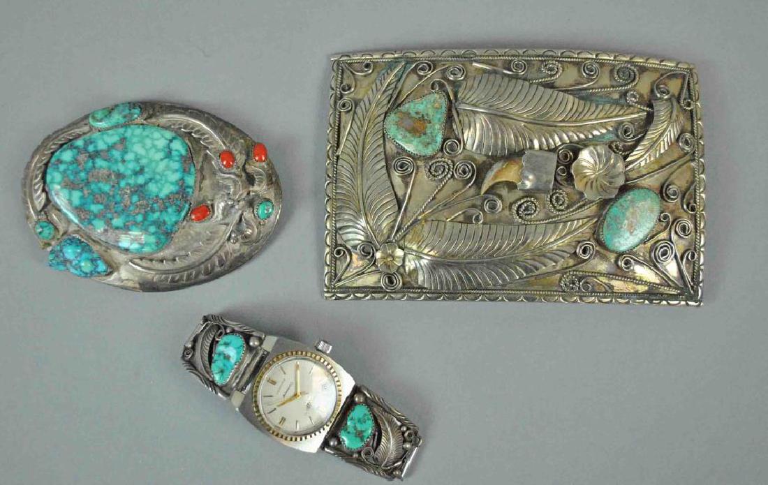 (2) TURQUOISE BELT BUCKLES AND PAIR OF WATCH TIPS (1 of 7)
