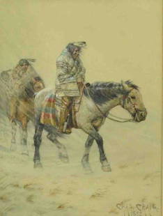 CHARLES CRAIG (American, 1846-1931): Indians on horseback in a storm, watercolor, signed ‘Chas. Craig 1892’ (lower right), label of Smith Gallery, New York City, overall good condition, very minor frame rubs,14x10.5in.