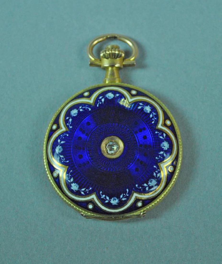 LADIES GOLD & ENAMELED POCKET WATCH WITH DIAMOND (1 of 4)
