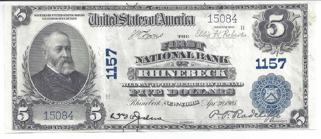 UNCIRCULATED $5 NEW YORK BANK NOTE: UNCIRCULATED $5 NEW YORK BANK NOTE First National Bank of Rhinebeck, NY, ready for grading, very slight fold and storage bend, series of 1902, blue seal, Opening Bid $250