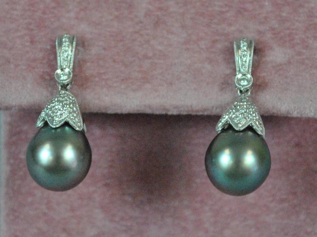 PAIR GRAY PEARL & DIAMOND PENDANT EARRINGS: each set with a gray (11mm) baroque pearl, accented with diamond melee, length 28mm, in white gold, earrings stamped '14K CF', earring backs stamped 585, fine condition, gross weight 7.3gms.