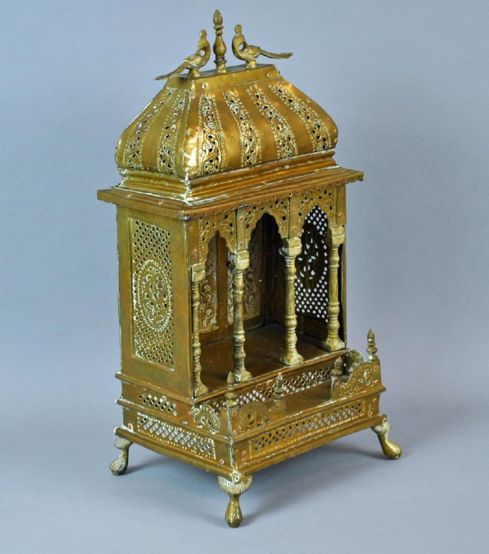 VINGATE BRASS ALTAR SHRINE: likely East Indian, embossed tree panels, peacock finials, overall good condition, structurally sound, 20x10x8in.