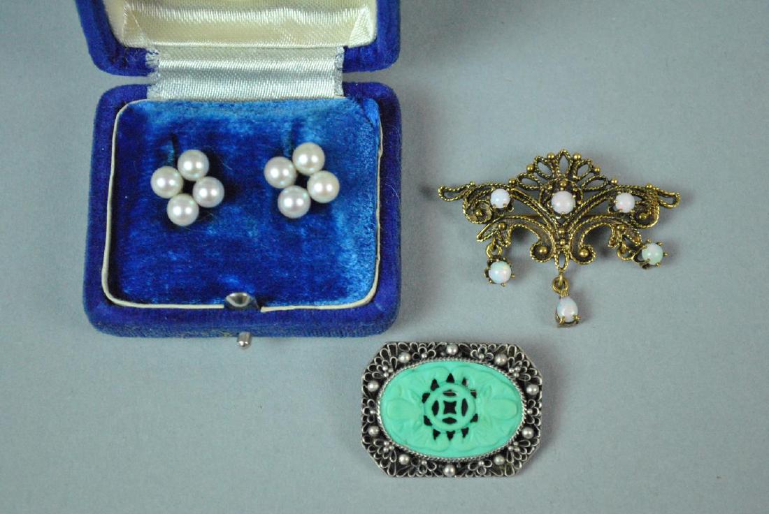 (3) PIECE GOLD & SILVER JEWELRY GROUP: including an opal dangle pin pendant, stamped 14K, 1.75in., 6.6gms., a pair of tested silver screwback earrings each set with 4 (5mm) cultured pearls, and a tested silver pin set with an oval (likely