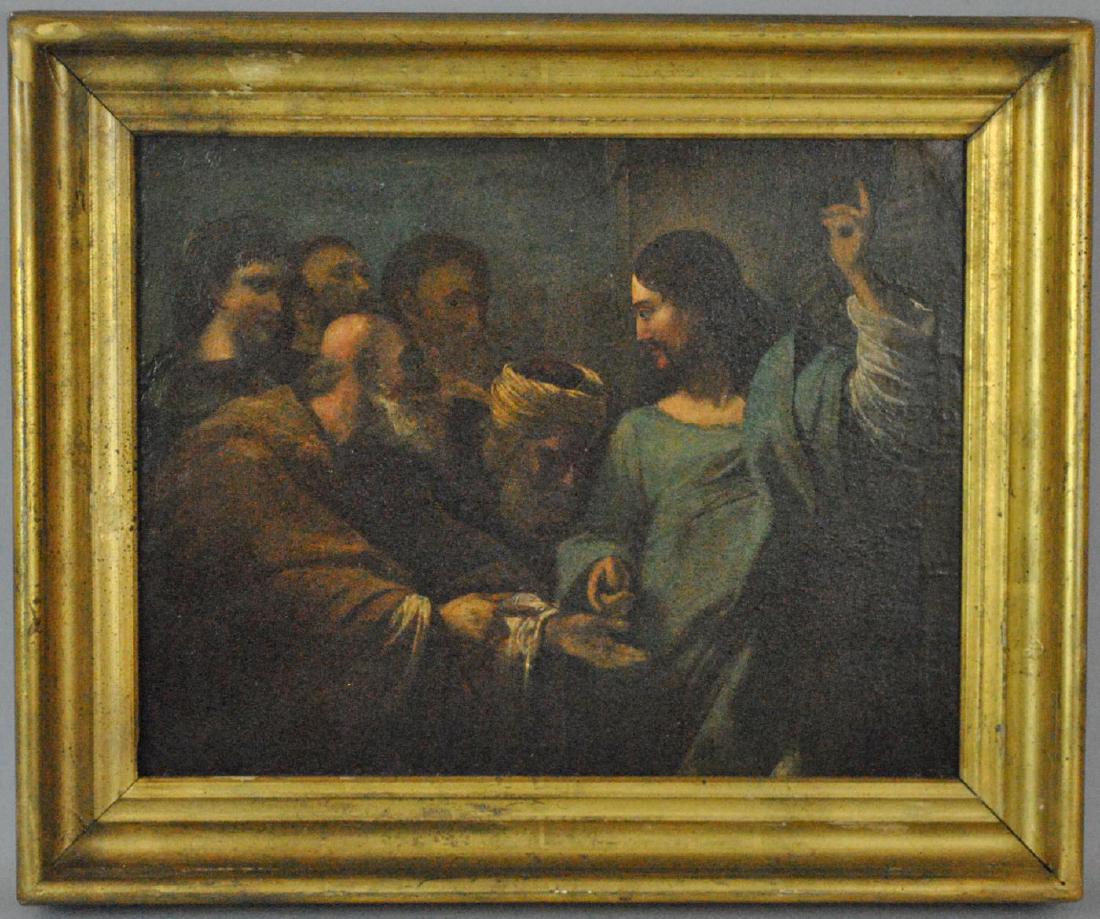 'TRIBUTE MONEY' AFTER JOHN SINGLETON COPLEY: TRIBUTE MONEY' AFTER JOHN SINGLETON COPLEY Old Master School, appears an oil on canvas laid down on antique board, UV light reveals small scattered areas and spots of inpainting, overpainting to left