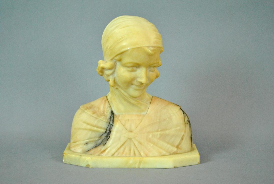 ITALIAN TINTED ALABASTER BUST OF A YOUNG WOMAN: base marked 'Made in Italy', minor chips & nicks, 10.5x10x5in.