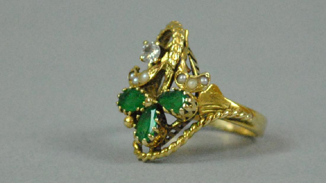 14K EMERALD, DIAMOND & SEED PEARL RING (1 of 4)
