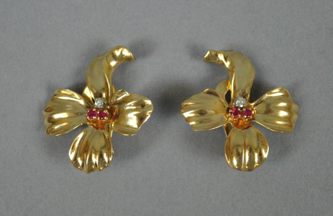 LARGE 14K FLOWER FORM RUBY & DIAMOND EARCLIPS (1 of 2)