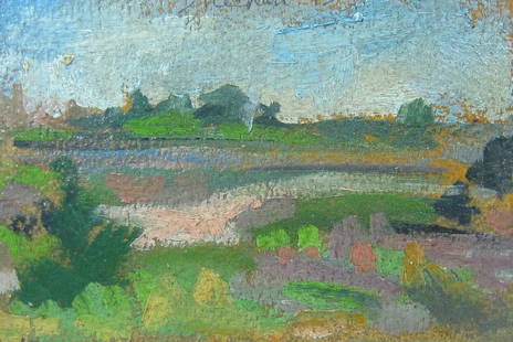 PAM SHEEHAN (American, b.1956): “Small Landscape”, oil on Masonite, signed ‘Sheehan 95’ (upper center), verso inscribed ‘Pam Sheehan 1994 Small Landscape’, overall good condition, UV clean, 4.25x6.25in., overall