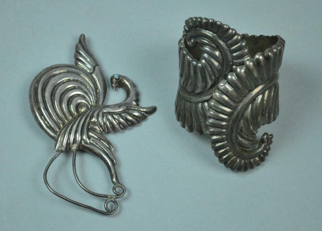BALDERAS SILVER CUFF BRACELET AND A PEACOCK BROOCH (1 of 4)