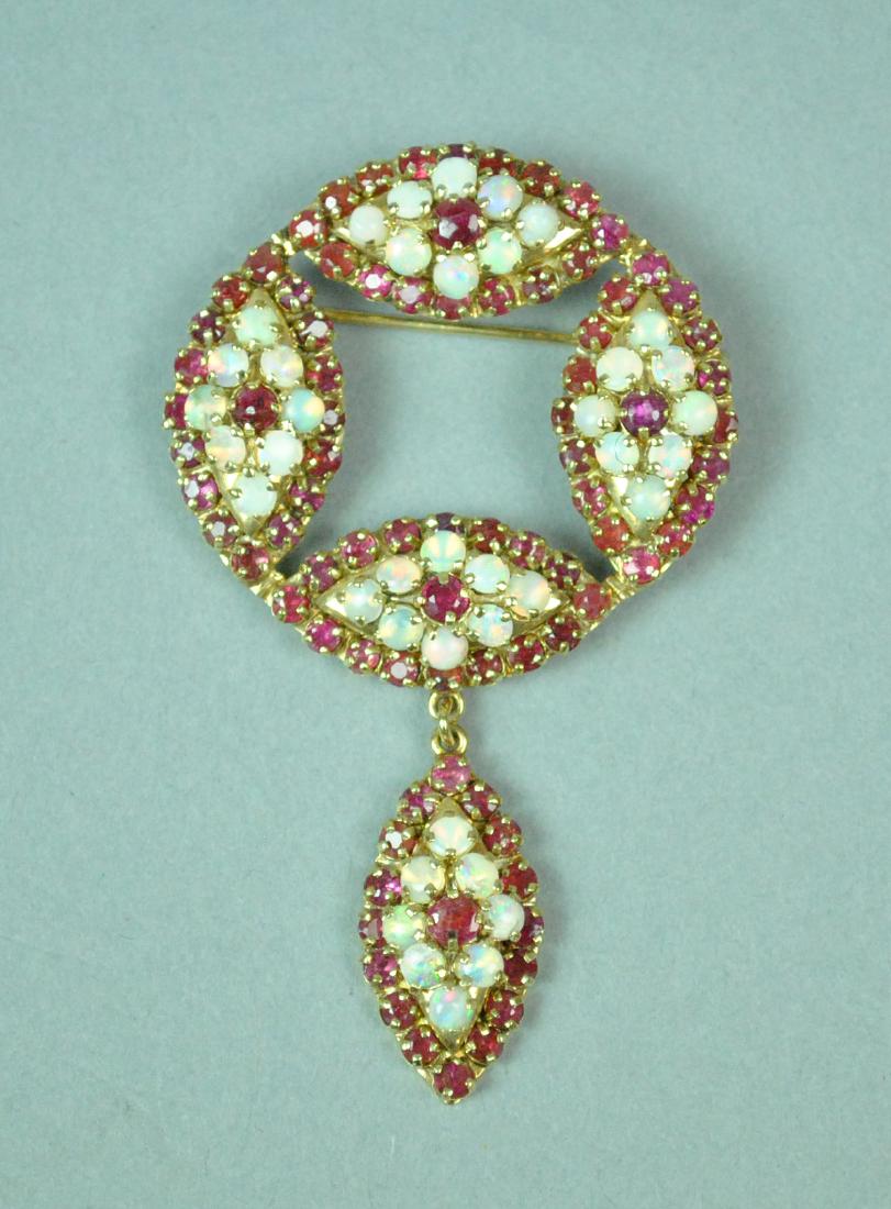 14K OPAL & RUBY DANGLE BROOCH (1 of 2)