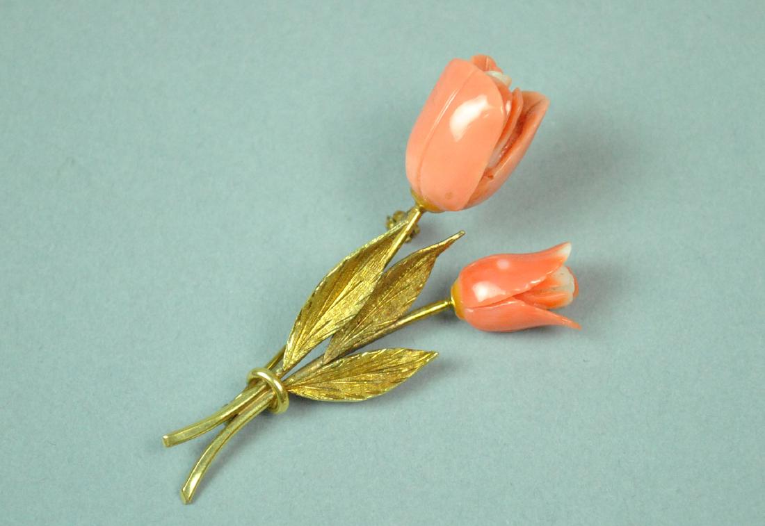 18K CARVED CORAL FLOWER PIN (1 of 2)