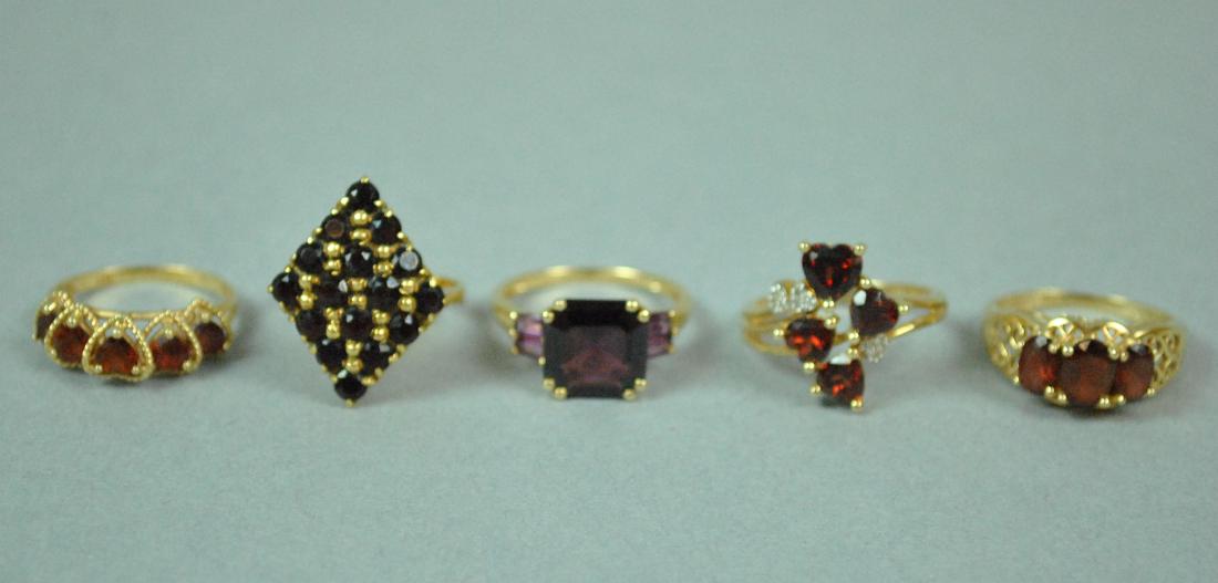 (5) GOLD RINGS WITH RED TONE STONES (1 of 3)