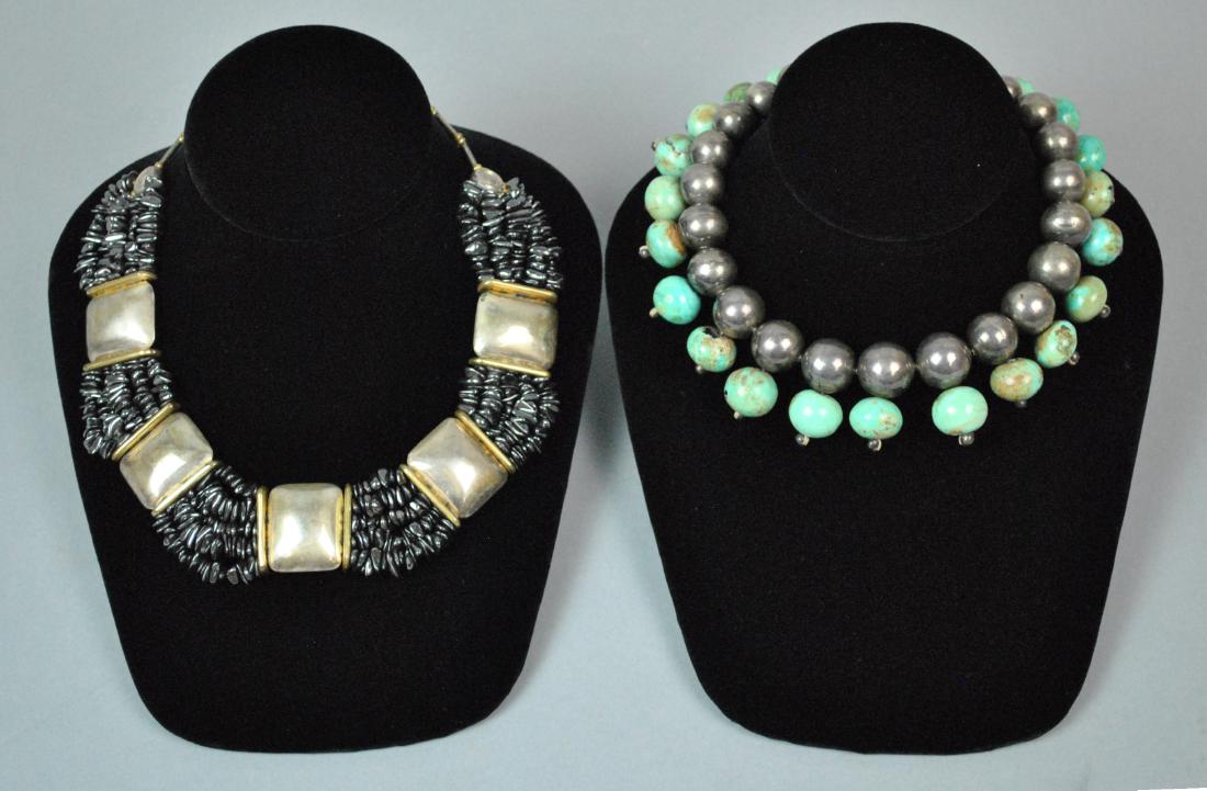 (2) VINTAGE STERLING CHOKERS: one set with sterling & turquoise beads, largest beads mainly 17mm (typical marks and flaws to stones, some exposed string at clasp), safety chain, clasp stamped sterling, 14in., the other set with he