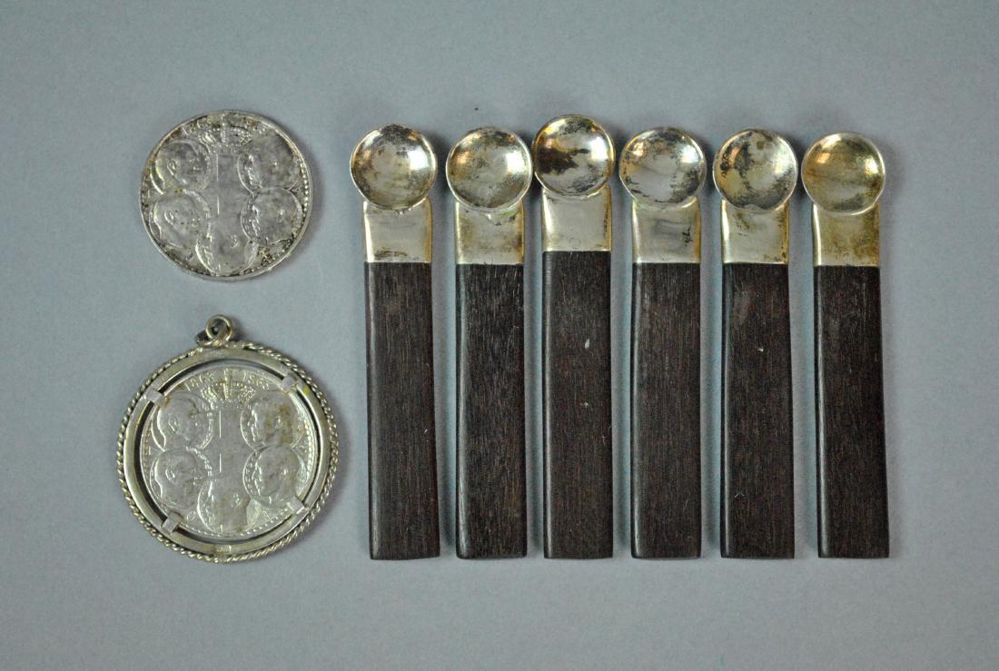 6 SPRATLING SILVER SALT SPOONS AND 2 GREEK COINS (1 of 2)