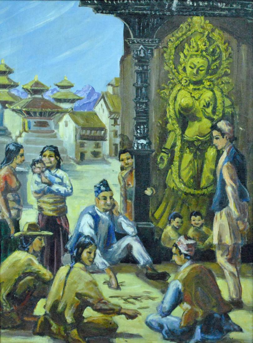 VINTAGE PAINTING - BUDDHIST CULTURE GENRE SCENE: depicting village folk playing a game, oil on canvas, appears to be signed Kim, overall good condition (some crackle, a couple minor paint flakes), 23x17in.