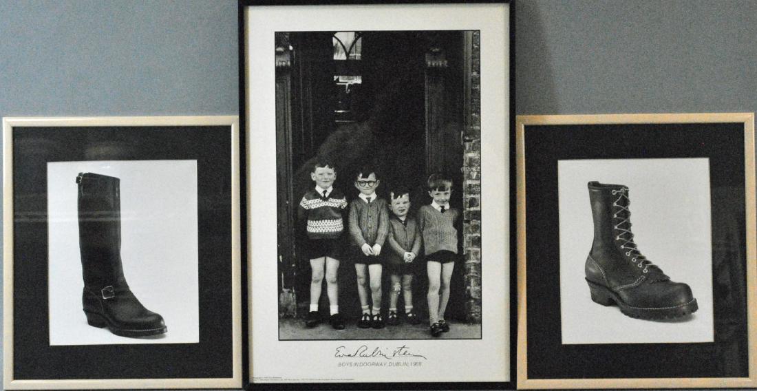 (3) ARTWORKS: (3) ARTWORKS including an Eva Rubinstein poster titled "Boys in Doorway, Dublin 1969", 20x14in. (frame scuffs), and a pair of photographs depicting boots, in matching frames, each overall 14x12in.