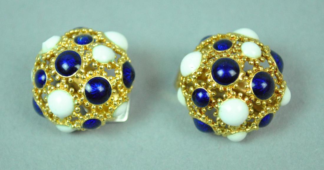 18K ITALIAN BLUE & WHITE ENAMEL EAR CLIPS (1 of 2)
